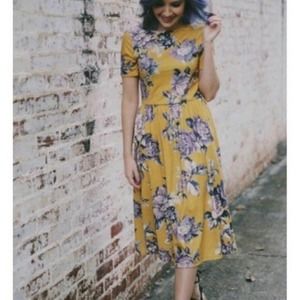 ASOS Yellow Short Sleeve Stretchy Dress Purple Floral Print Detail